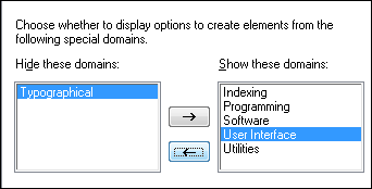 Capture d'écran montrant une boîte de dialogue Options permettant de masquer des domaines de balisage DITA dans un outil de rédaction