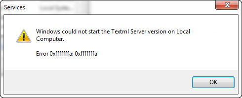 Windows could not start the version on Local Computer. Error 0xfffffffa: 0xfffffffa