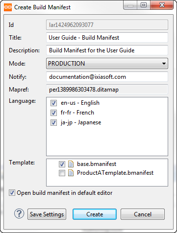 Create Build Manifest window for the User Guide