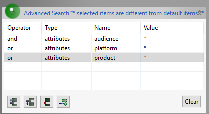 Advanced search attributes values for audience, platform, and product
