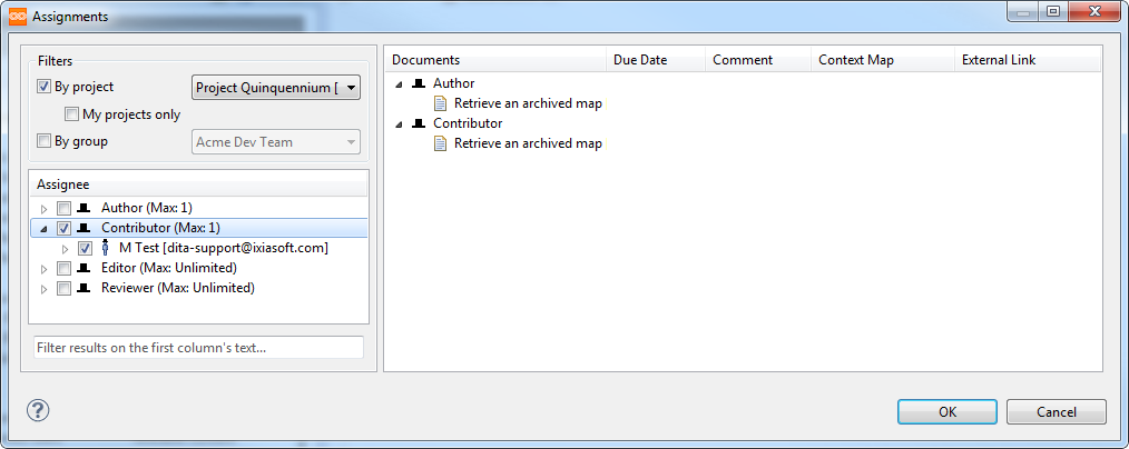 Example of the Assignments dialog box
