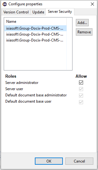 Configure properties dialog - showing Server administrator role checked