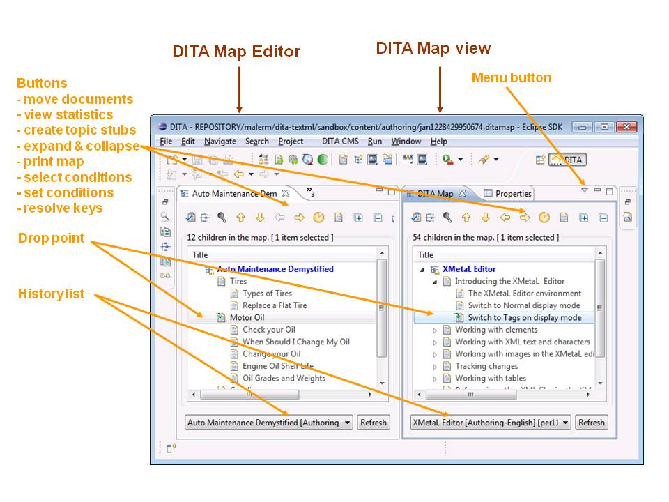 DITA map view and editor