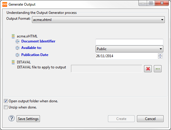 Generate Output dialog with user parameters - Eclipse