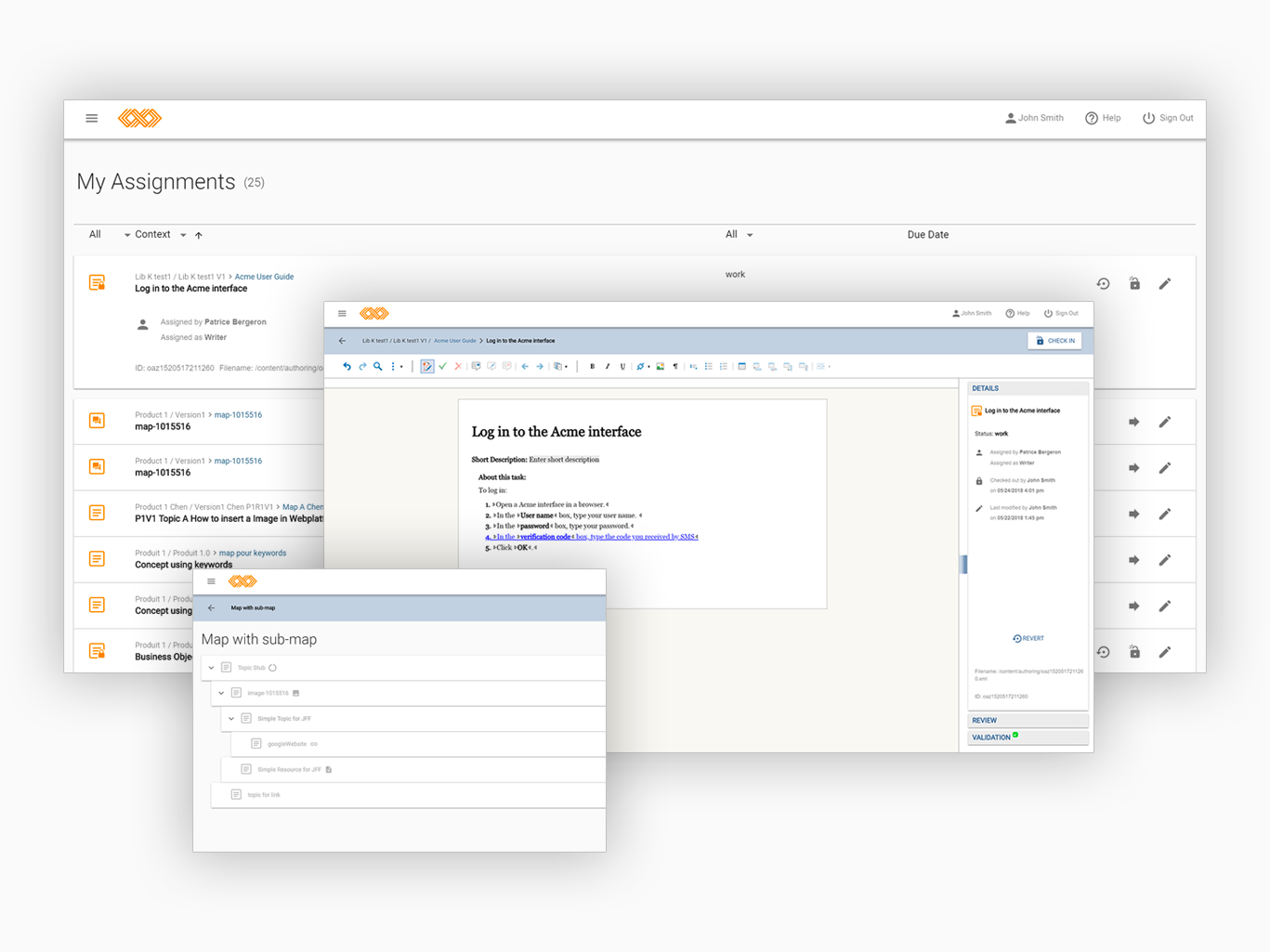 3 screenshots of IXIASOFT CCMS interface