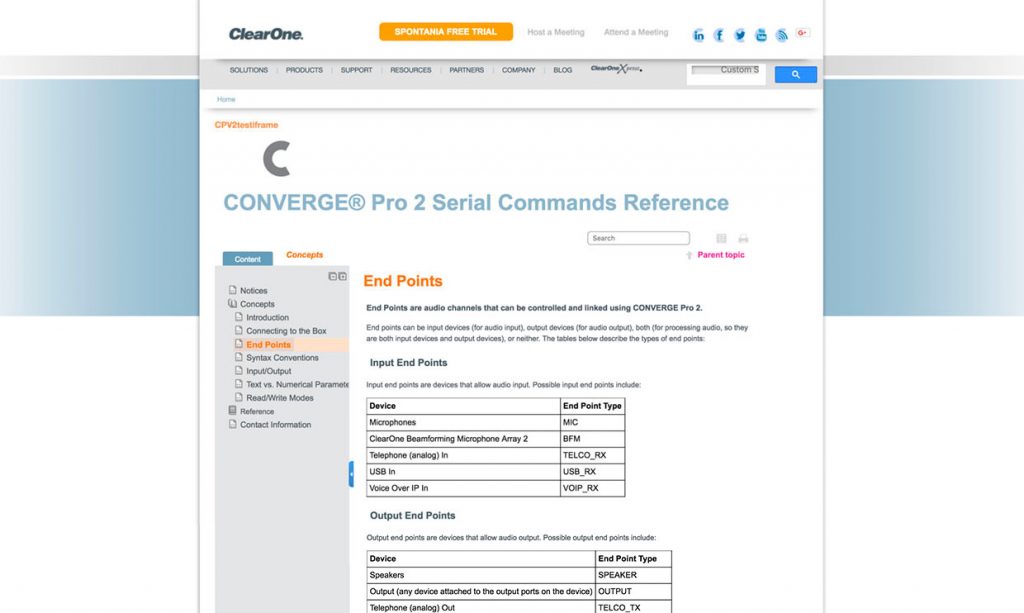 Capture d'écran de la référence des commandes série Converge pro 2