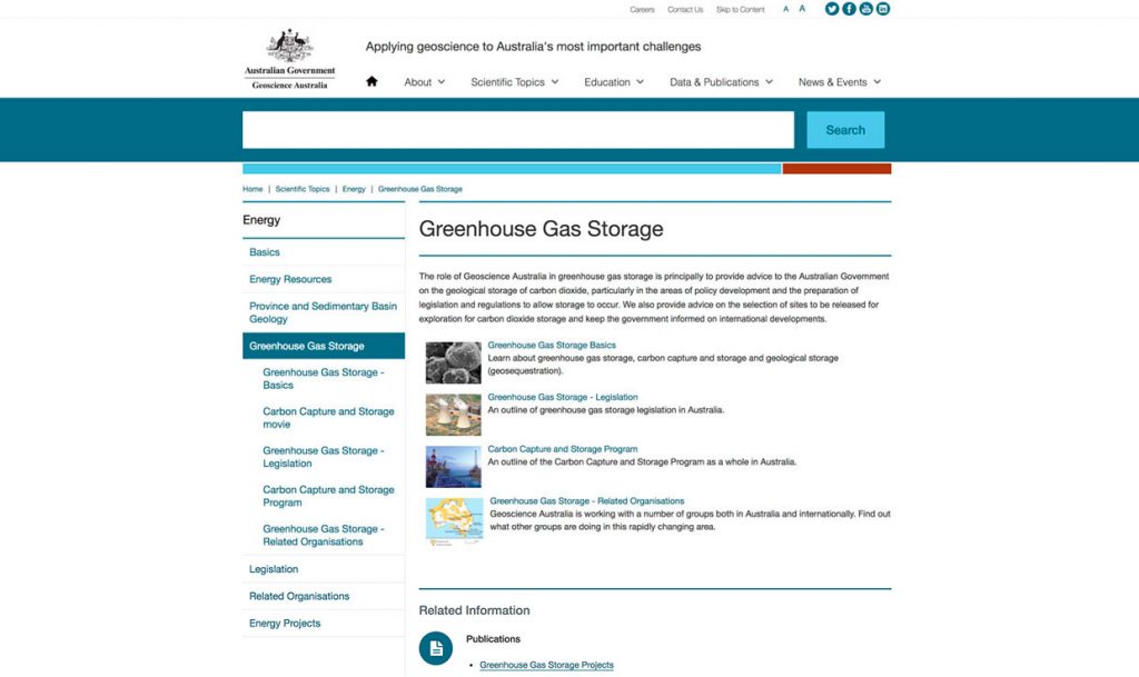 Screenshot of greenhouse gas storage article