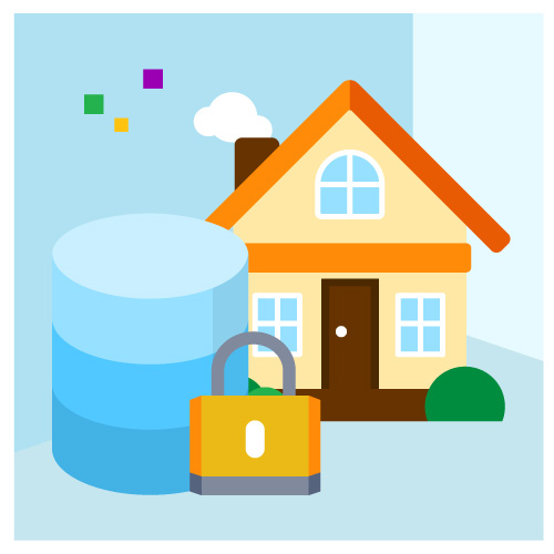 Illustration with a house, a server and a padlock