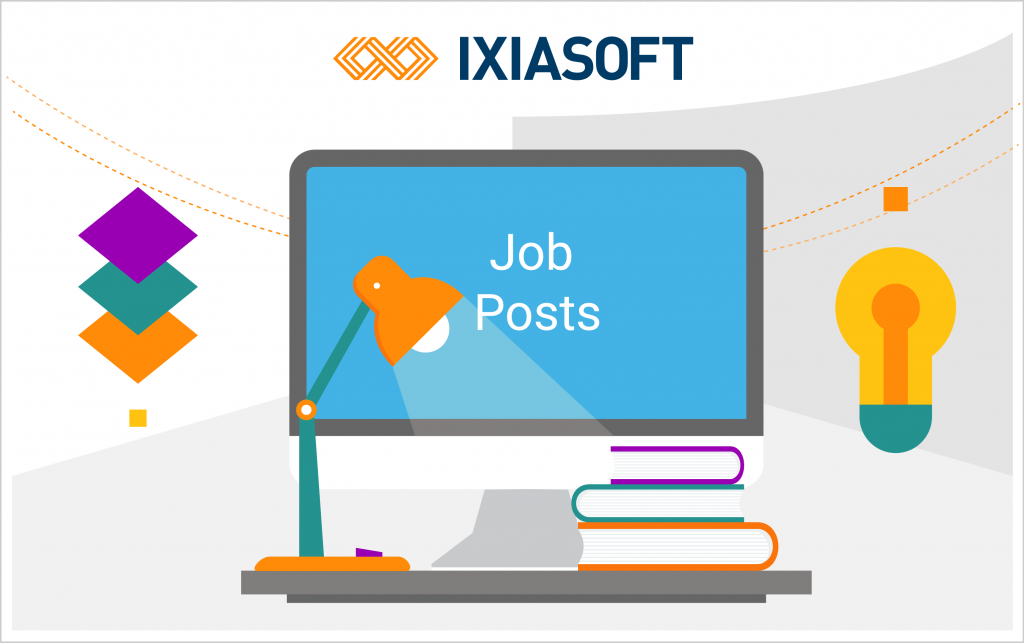 Illustration of a desk with a computer, a lamp and books to represent Job posts at IXIASOFT