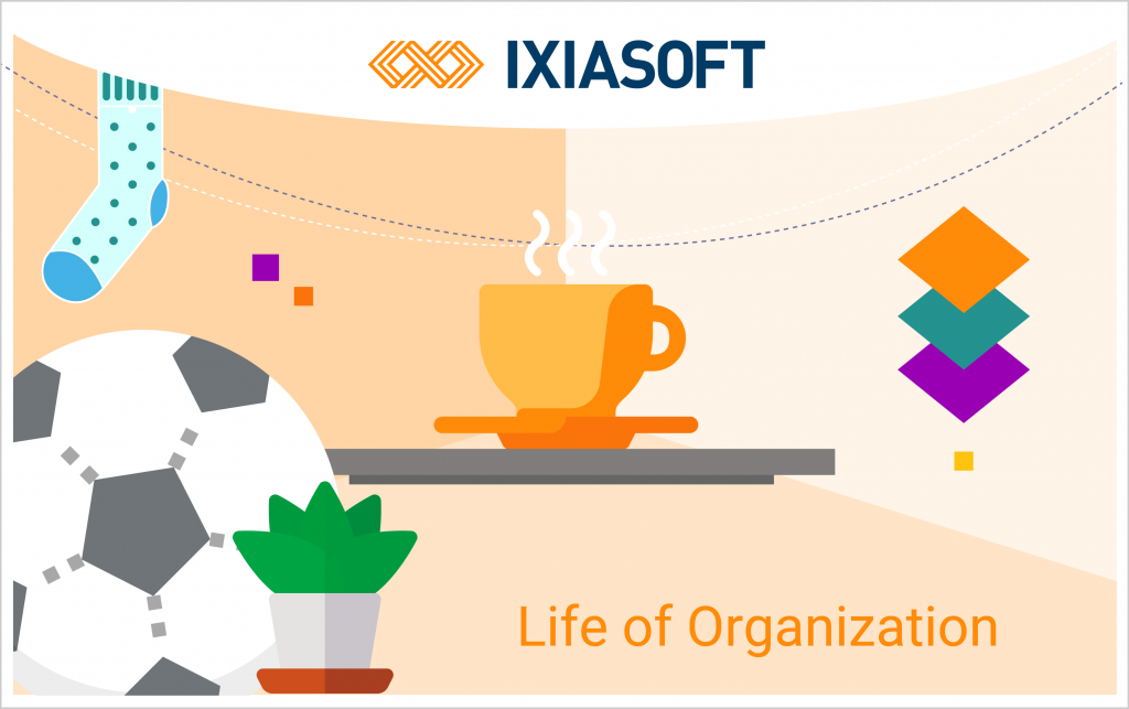 Illustration of a soccer ball, a cup of coffee, a sock and a plant to represent the life of Organization of IXIASOFT